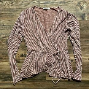 Wrap around tie long sleeve striped maroon/red and white shirt size M
